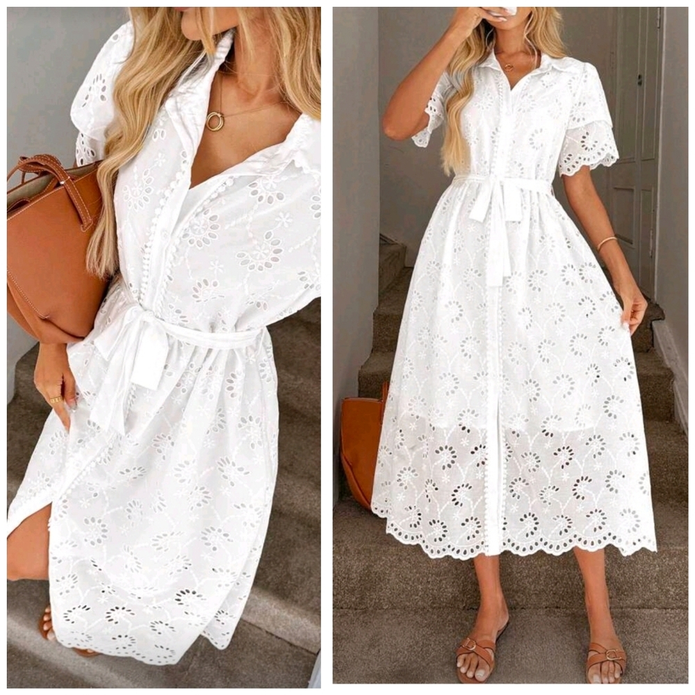 New Embroidered Eyelet Lace Midi Dress Tie Waist Short Sleeve White